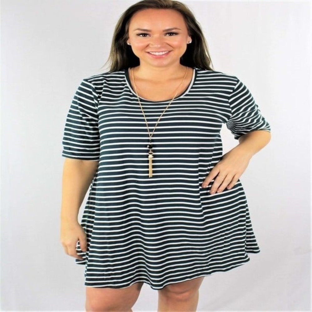 Plus Size Elbow Sleeve Striped Dress